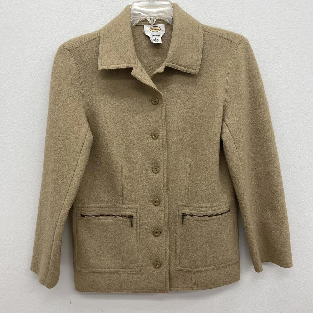 Talbots Medium Alpaca Wool Blend Button Up Coat Tan Zip Pockets